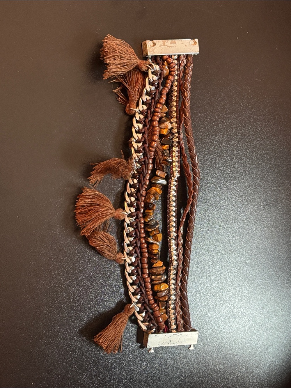 Multi-Strand Brown Tassel & Bead Bracelet